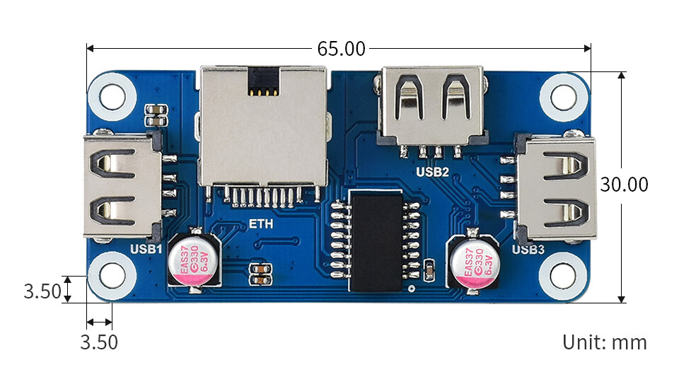 WaveShare Ethernet / USB HUB HAT (B) til Raspberry Pi-serien, 1x RJ45, 3x USB 2.0