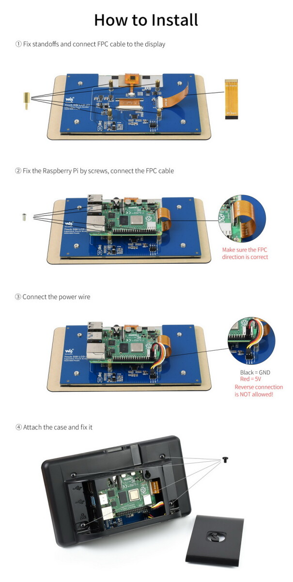 WaveShare 7-tommers kapacitivt touch IPS-display til Raspberry Pi med kabinet 1024x600