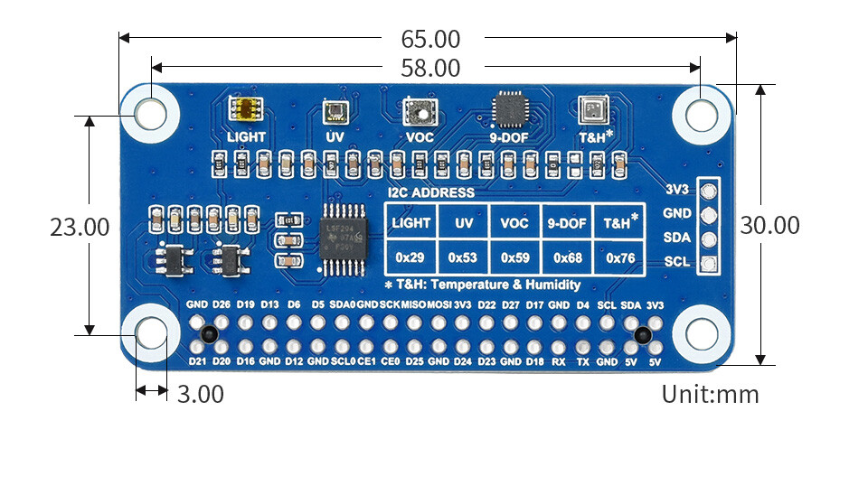 WaveShare Miljøsensor HAT til Raspberry Pi, I2C-bus