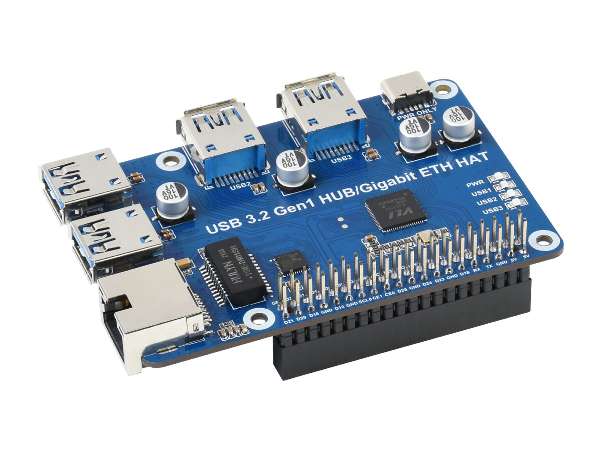 WaveShare USB 3.2 Gen1 Gigabit Ethernet HUB HAT til Raspberry Pi