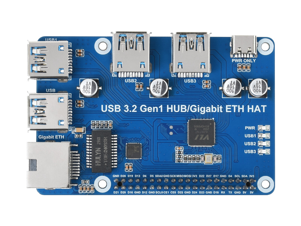 WaveShare USB 3.2 Gen1 Gigabit Ethernet HUB HAT til Raspberry Pi
