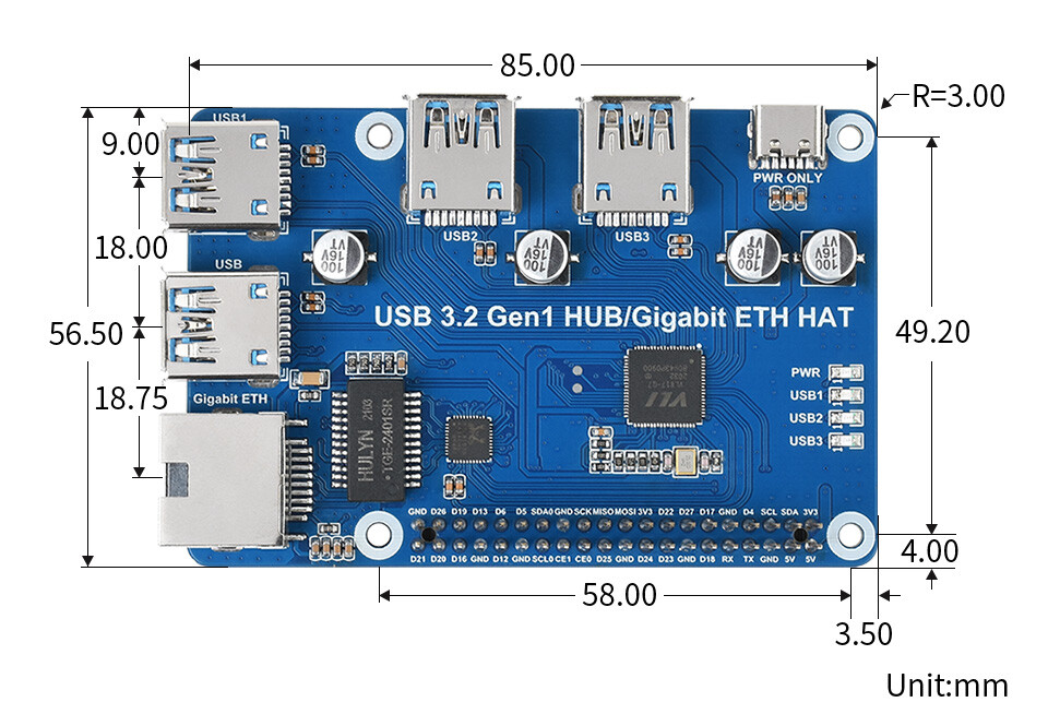 WaveShare USB 3.2 Gen1 Gigabit Ethernet HUB HAT til Raspberry Pi