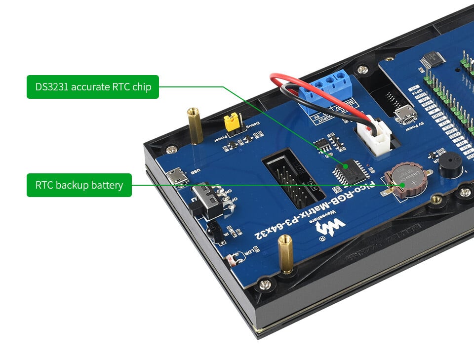 WaveShare RGB Fuld farve multi-funktion digitalt ur til Raspberry Pi Pico, 64x32 grid, præcis RTC