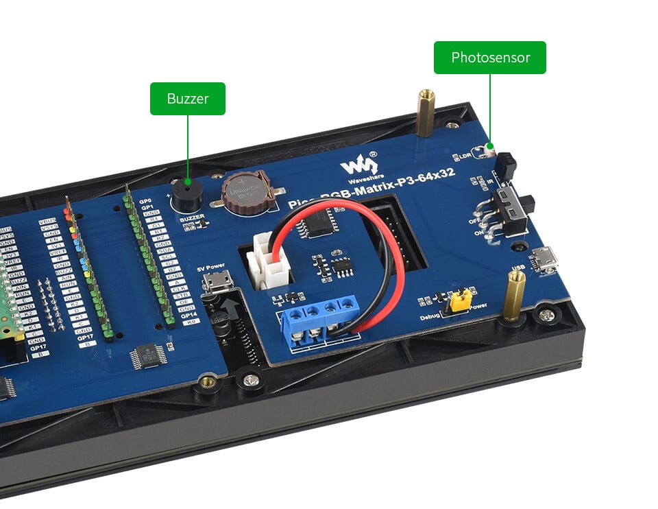 WaveShare RGB Fuld farve multi-funktion digitalt ur til Raspberry Pi Pico, 64x32 grid, præcis RTC
