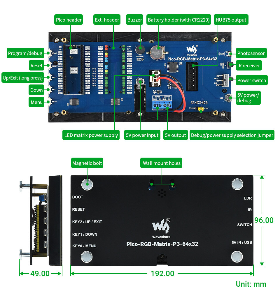 WaveShare RGB Fuld farve multi-funktion digitalt ur til Raspberry Pi Pico, 64x32 grid, præcis RTC