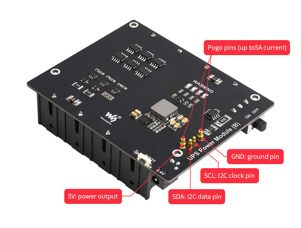 WaveShare Uden afbrydelse strømforsyning UPS-modul (B) til Jetson Nano, 5V udgang, op til 5A strøm, Pogo Pin-stik