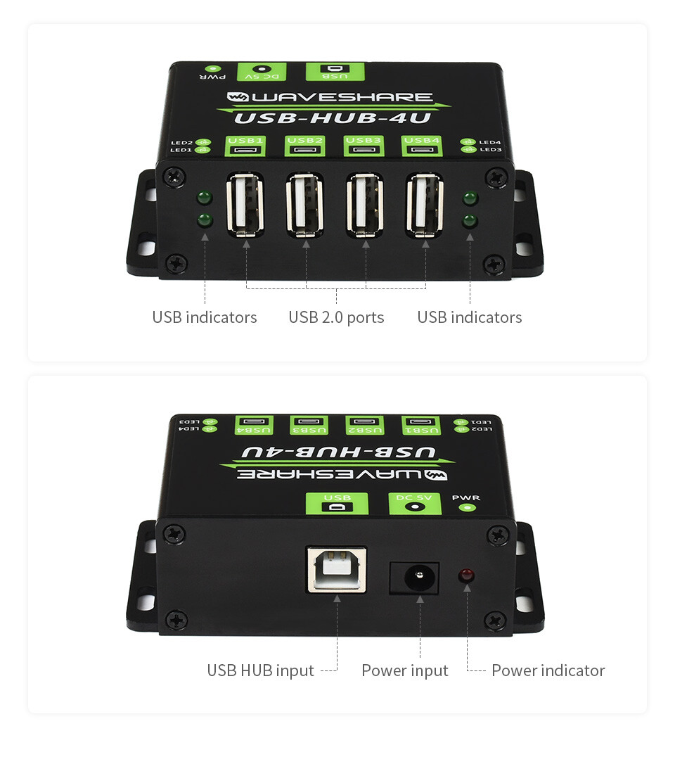 WaveShare Industrielle USB-HUB, udvidelse med 4x USB 2.0 porte