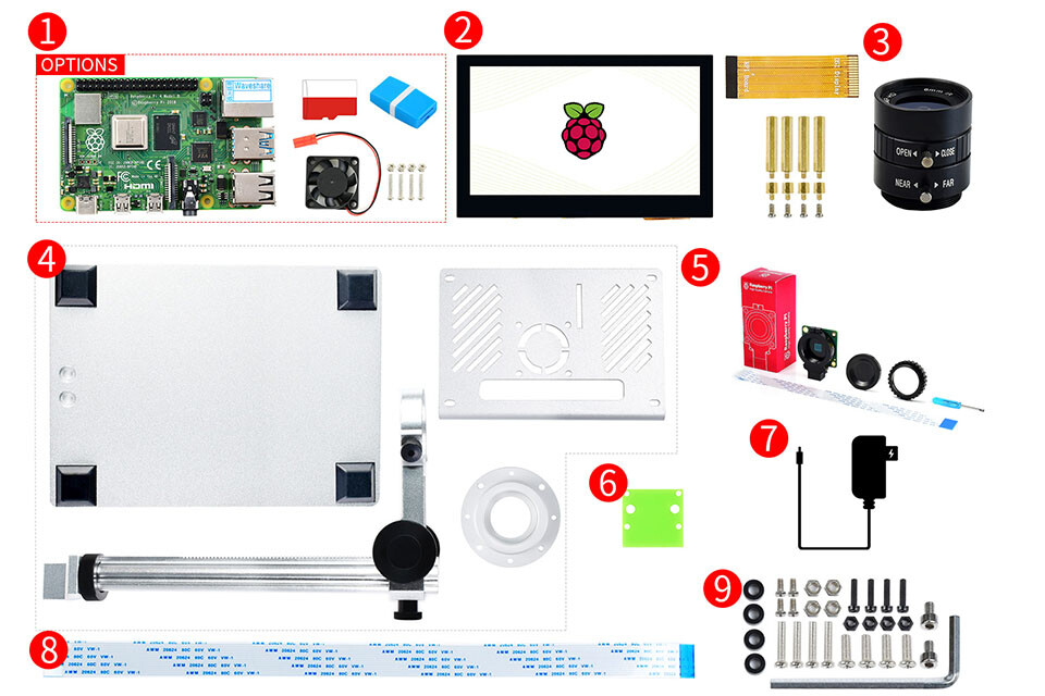 WaveShare Mikroskop-kit til Raspberry Pi med 12MP visuel forstørrelse, mikroskopscreen, beslag