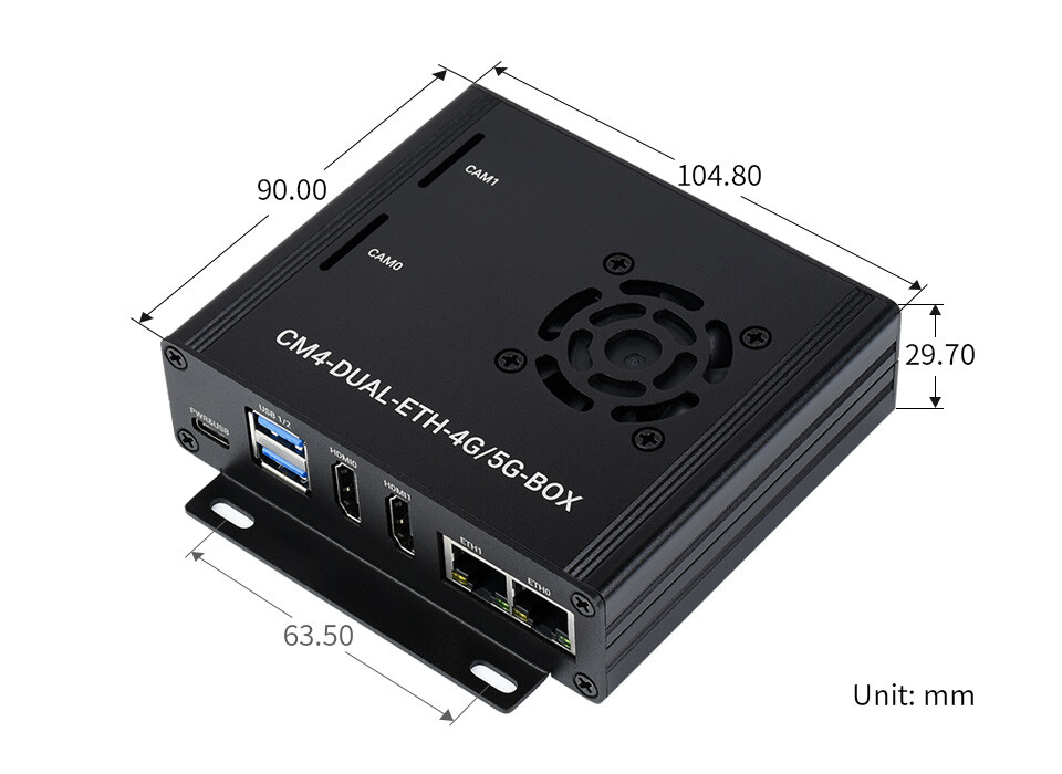 WaveShare Dual Gigabit Ethernet 5G/4G Mini-Computer uden Raspberry Pi CM4 Metal Kabinet med køleventil