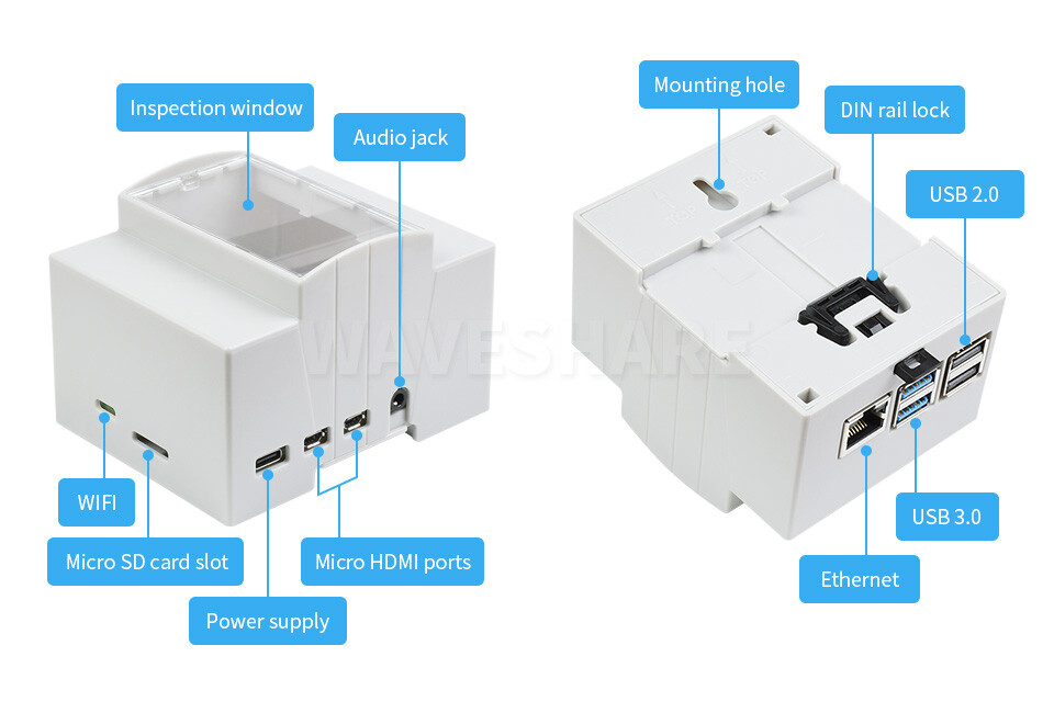 WaveShare ABS-kabinet til DIN-skinne for Raspberry Pi 4, stort indvendigt rum, injektionsmodul