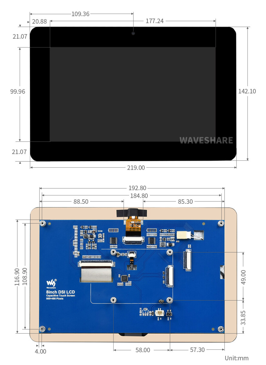 WaveShare 8-tommer kapacitivt touchdisplay til Raspberry Pi med 5MP frontkamera 800x480 DSI