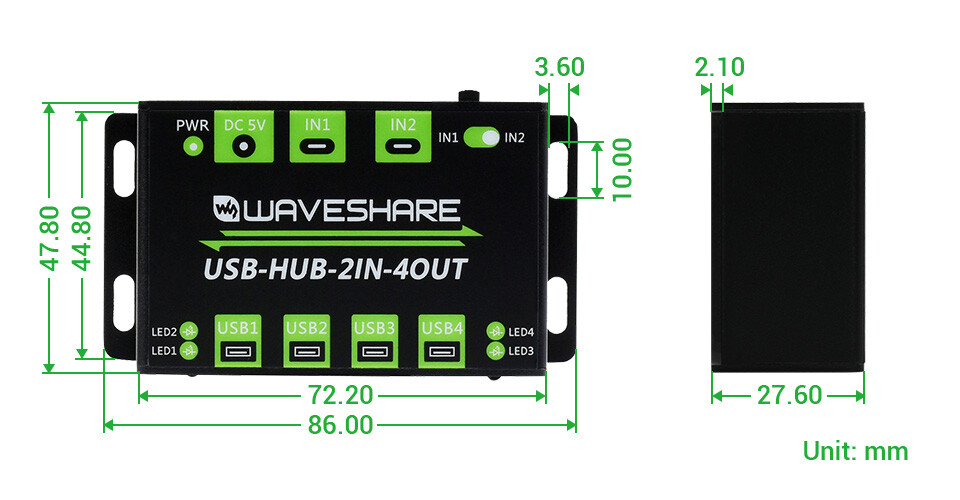 WaveShare Industrielle USB-HUB med 4x USB 2.0-porte, skiftevis dobbelt vært