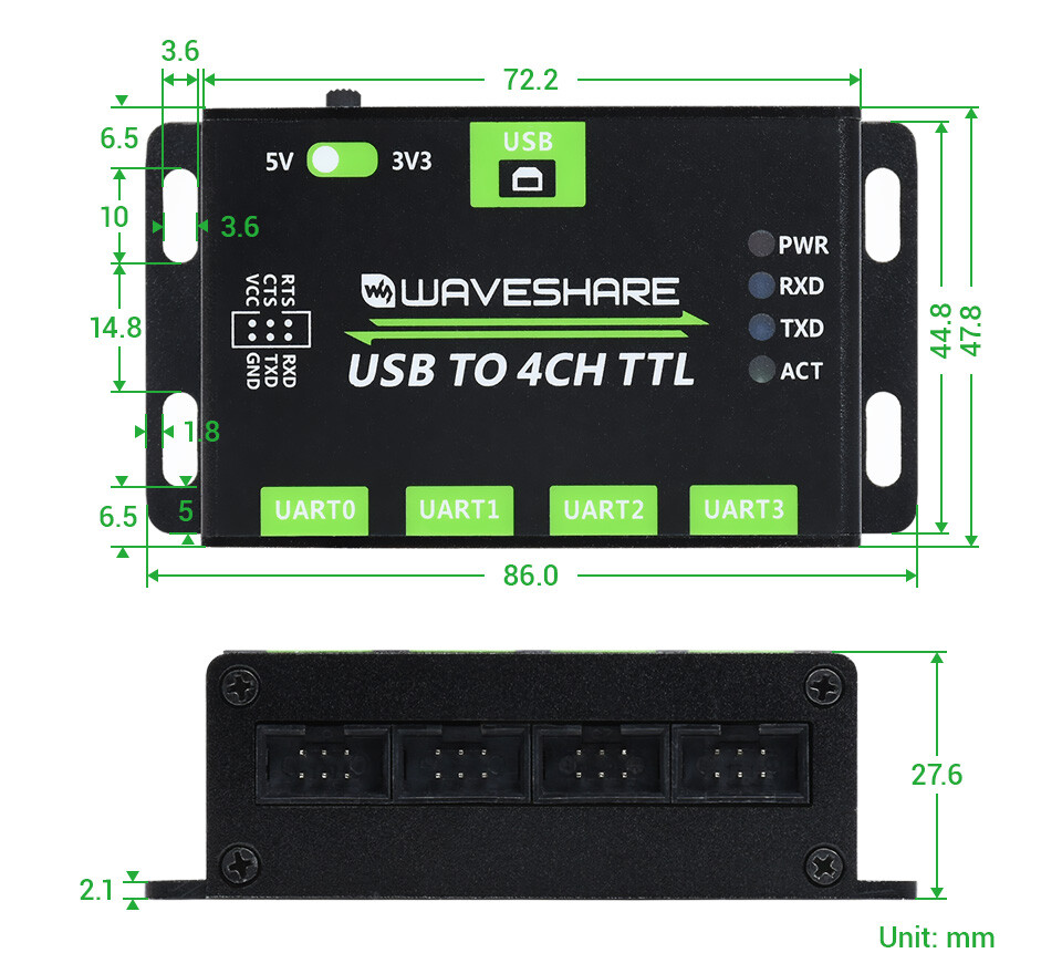 WaveShare Industrielt USB til 4CH TTL Converter USB UART Multi Beskyttelsessystemer Støtte