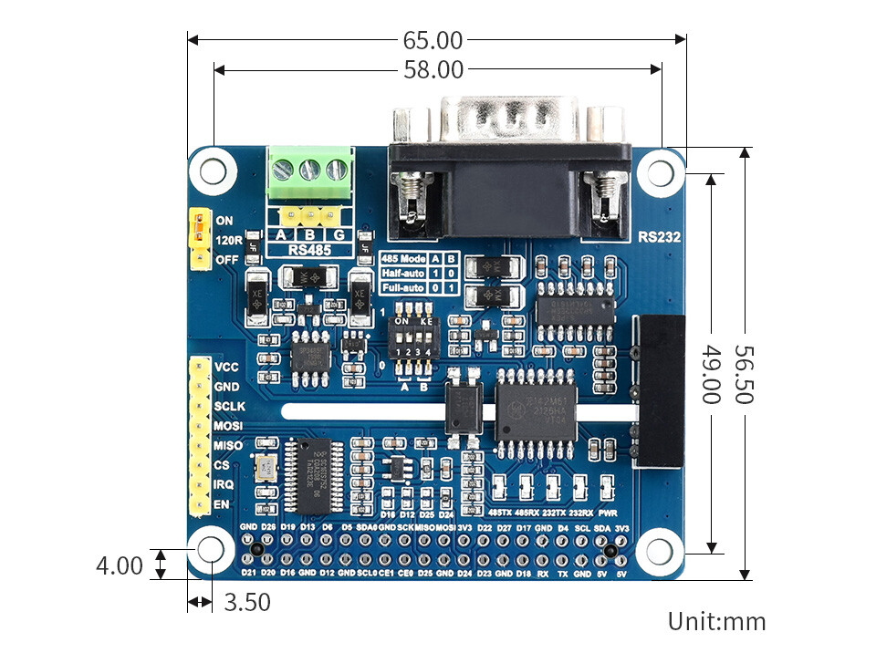 WaveShare Isoleret RS485 RS232 Udvidelses-HAT til Raspberry Pi SPI Kontrol