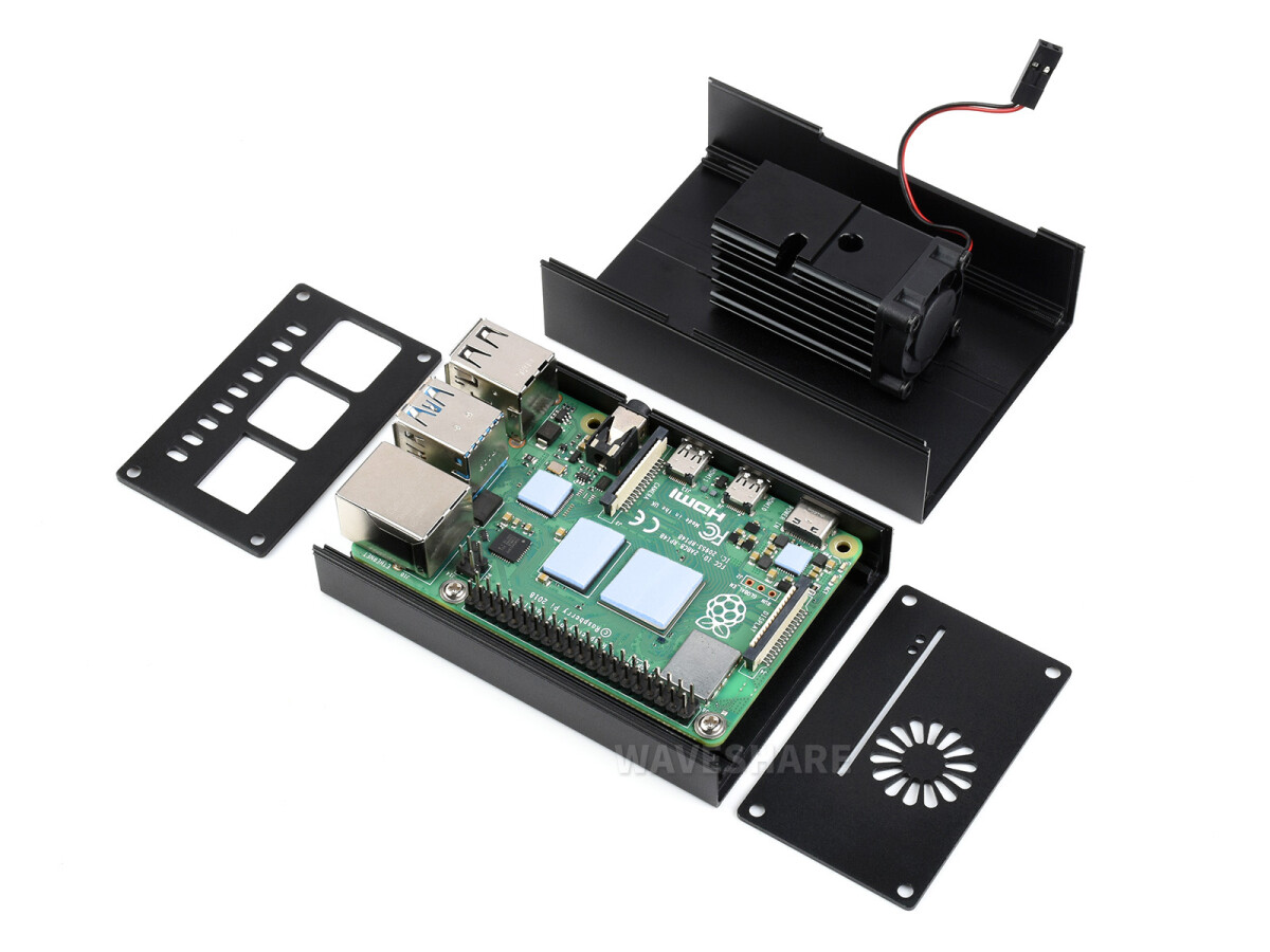 WaveShare Aluminiumkøletaske til Raspberry Pi 4 med indbygget aktiv køler med finner