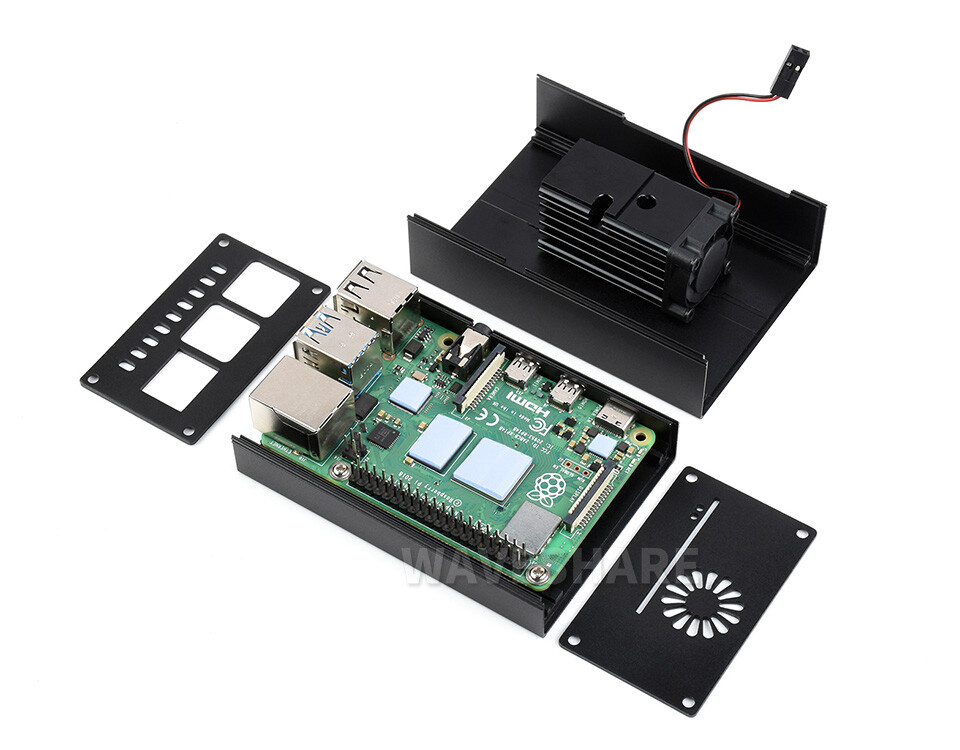 WaveShare Aluminiumkøletaske til Raspberry Pi 4 med indbygget aktiv køler med finner