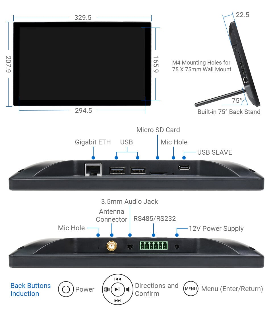 WaveShare 13,3 Zoll Mini-Computer HD Touchscreen med Raspberry Pi CM4 Lite 4GB RAM trådløs