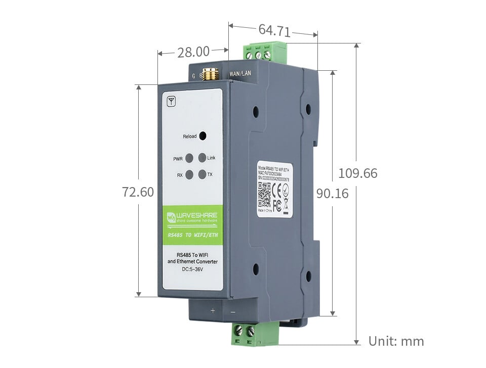 WaveShare Rail-Mount Serial Server RS485 to WIFI/Ethernet Modul Modbus MQTT Gateway