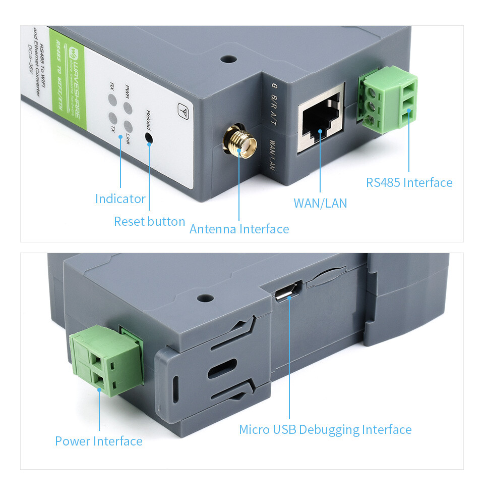 WaveShare Rail-Mount Serial Server RS485 to WIFI/Ethernet Modul Modbus MQTT Gateway