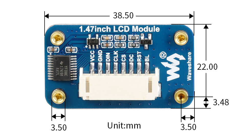 WaveShare 1,47 Zoll LCD-displaymodul med SPI-interface, afrundede hjørner
