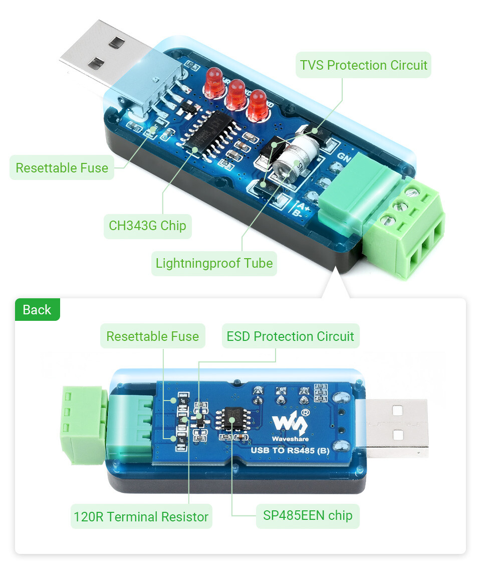 WaveShare Industrielt USB til RS485 Bi-direktionel Konverter CH343G Multi-beskyttelseskredsløb