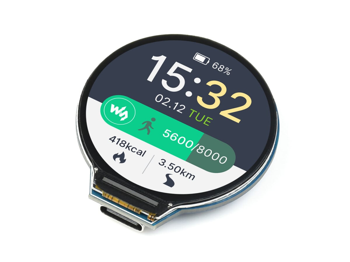 WaveShare RP2040 MCU-kort, 1,28 Zoll rundt LCD med accelerometer og gyroskop-sensor