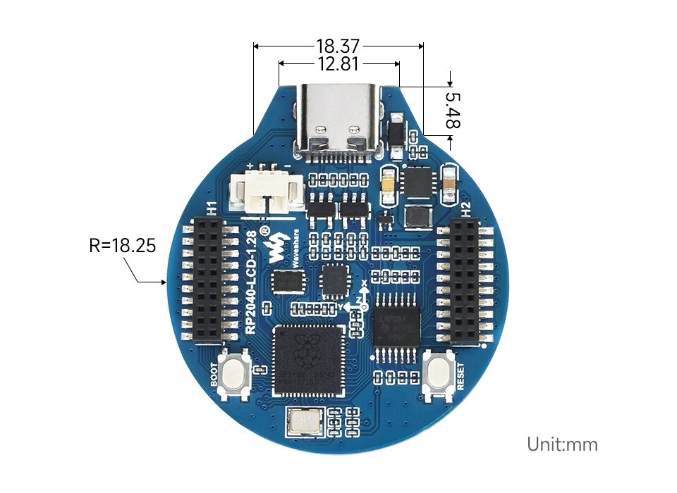 WaveShare RP2040 MCU-kort, 1,28 Zoll rundt LCD med accelerometer og gyroskop-sensor