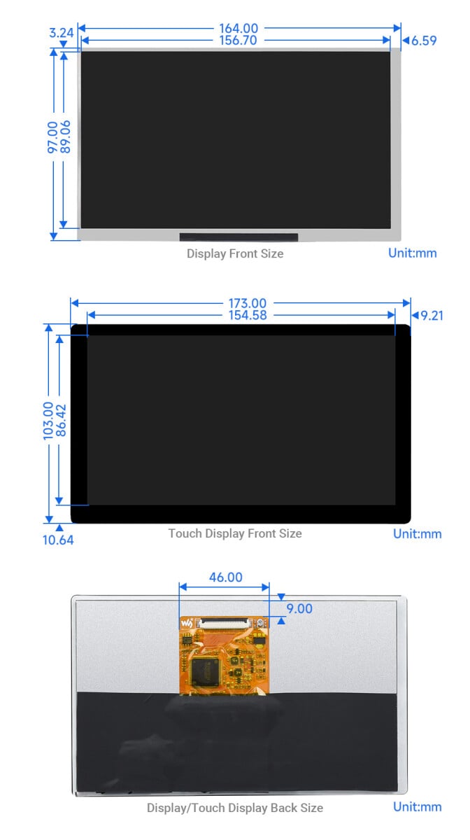 WaveShare 7-tommer QLED Touch Display 1024x600 med tilbehør til Raspberry Pi Jetson Nano PC