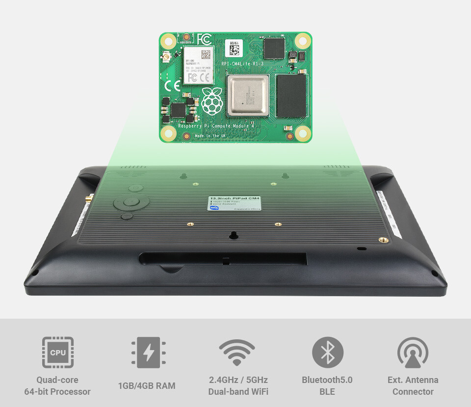 WaveShare 13,3 Zoll Mini-Computer HD Touchscreen med Raspberry Pi CM4 1GB RAM