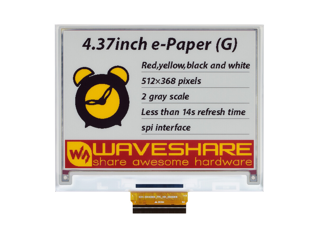 WaveShare 4,37 Zoll E-Paper (G) Rohdisplay 512x368 Rot/Gelb/Schwarz/Weiß