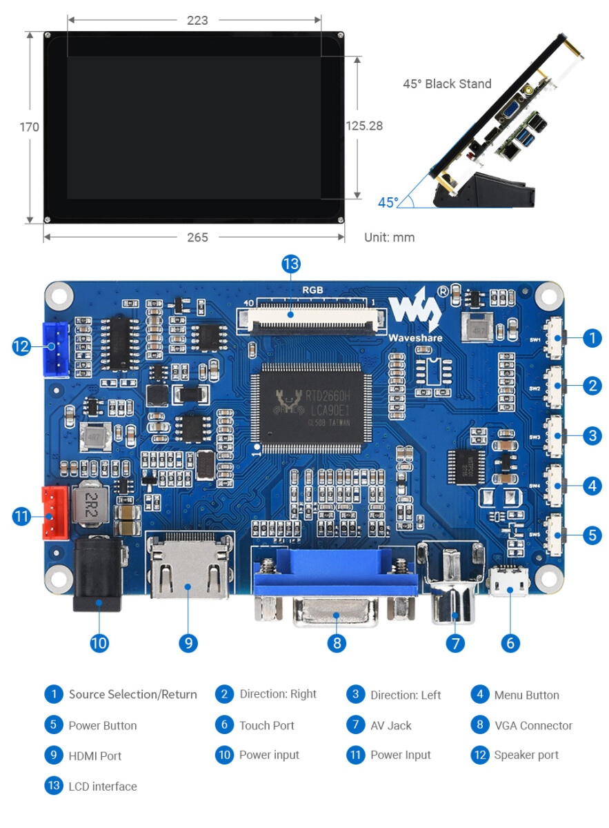 WaveShare 10,1 Zoll kapativer Touchscreen LCD (F) med kabinet 1024x600 HDMI til Raspberry Pi Jetson Nano
