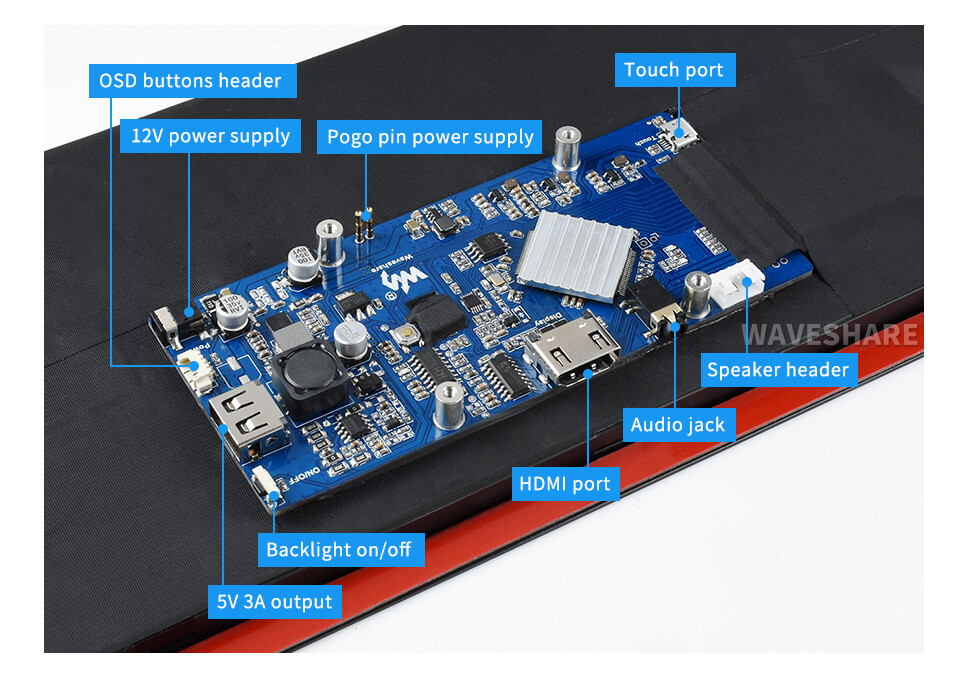 WaveShare 12,3 Zoll Kapazitiver Touchscreen LCD 1920x720 HDMI IPS Verstærket Glaspanel