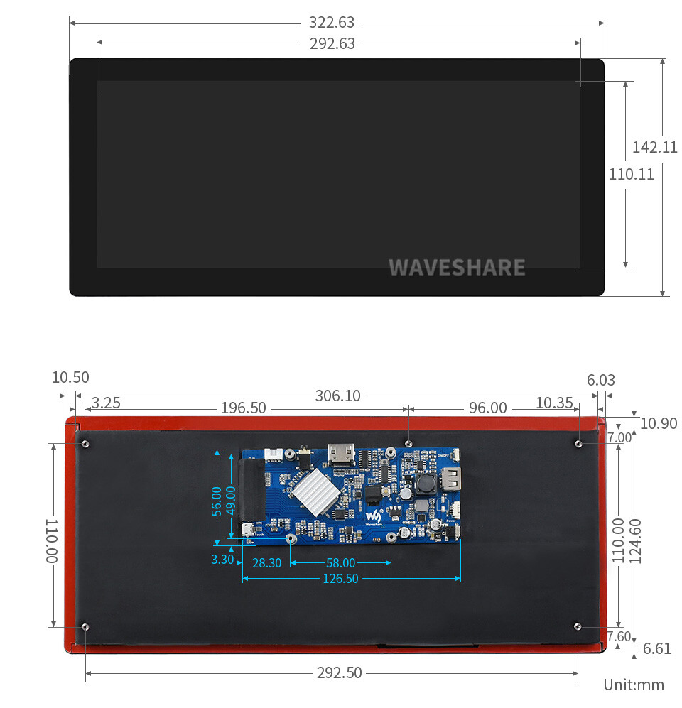 WaveShare 12,3 Zoll Kapazitiver Touchscreen LCD 1920x720 HDMI IPS Verstærket Glaspanel