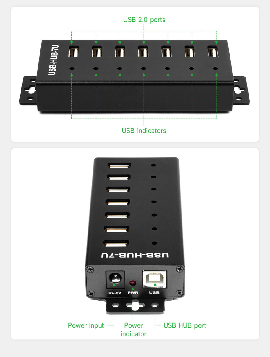 WaveShare Industrielle USB-HUB med 7x USB 2.0-porte