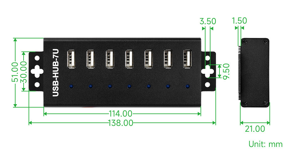 WaveShare Industrielle USB-HUB med 7x USB 2.0-porte