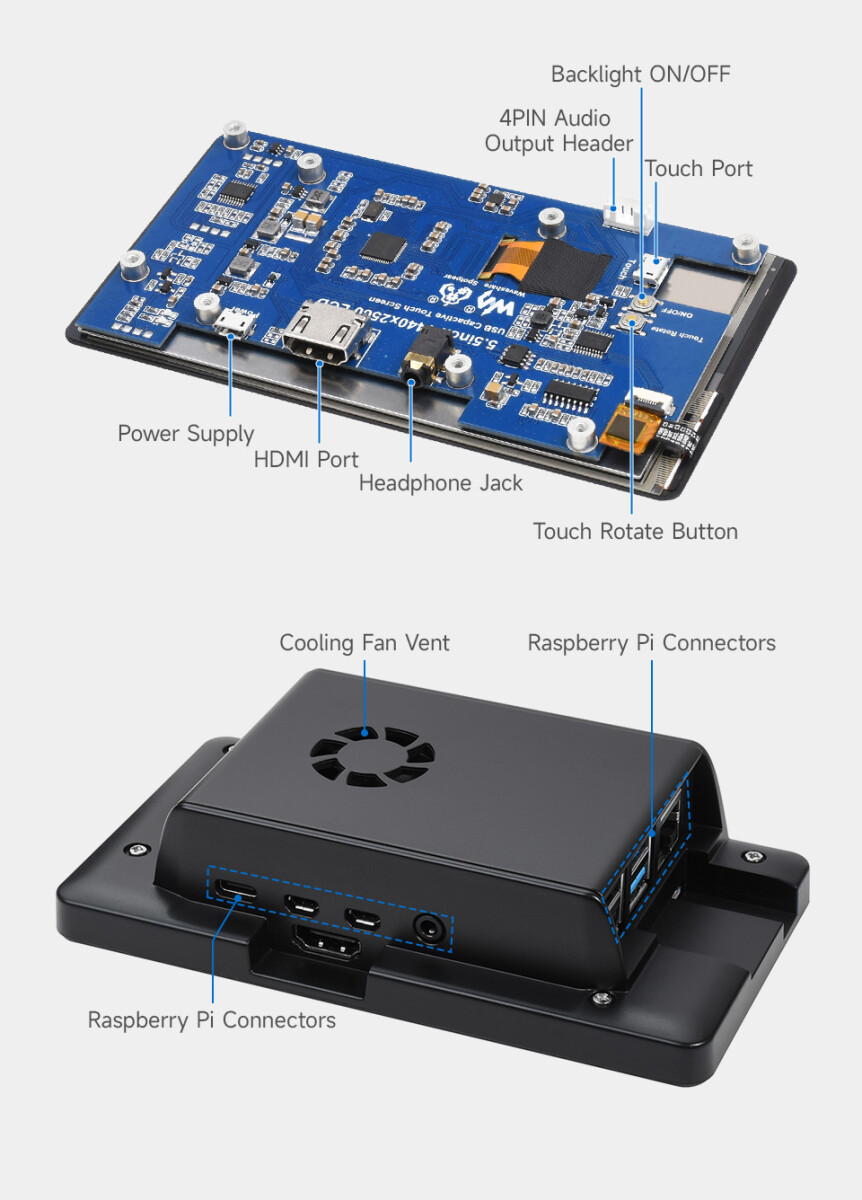 WaveShare 5,5 Zoll 2K Kapassitivt Touch LCD-display med kabinet til Raspberry Pi 1440x2560 HDMI-interface IPS-skærm