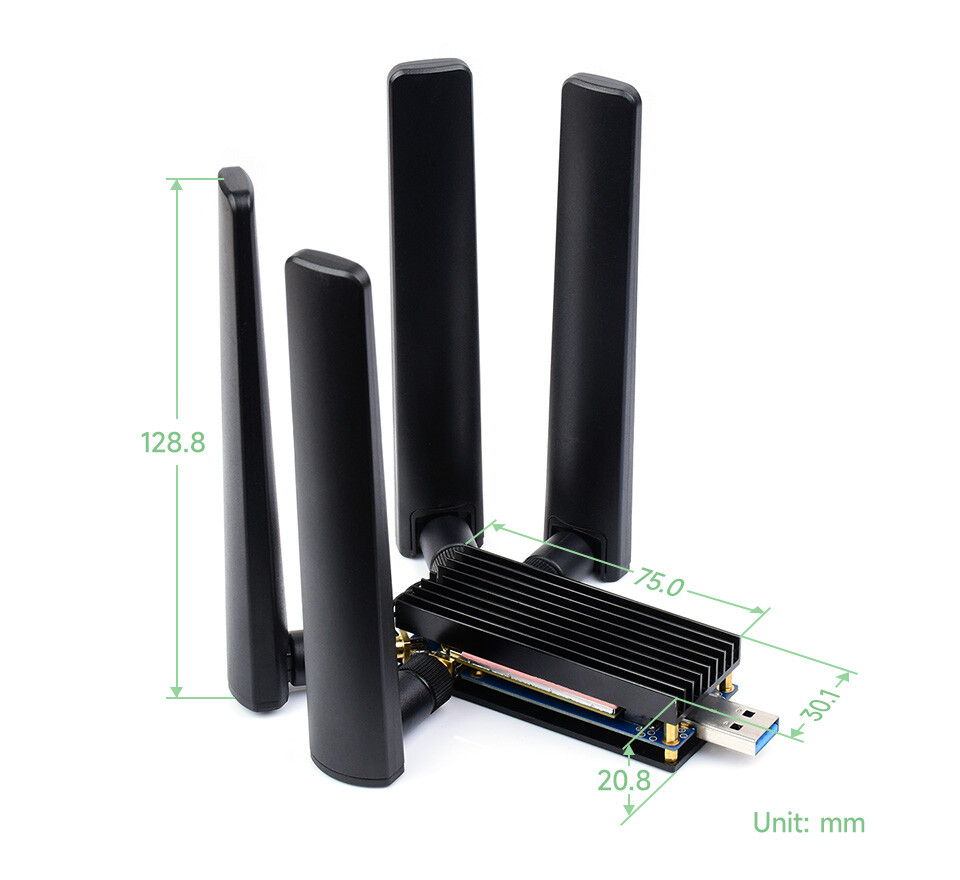 WaveShare 5G DONGLE Modul, fire antenner, USB3.1 aluminiumslegeringskøler, M.2 Key B interface