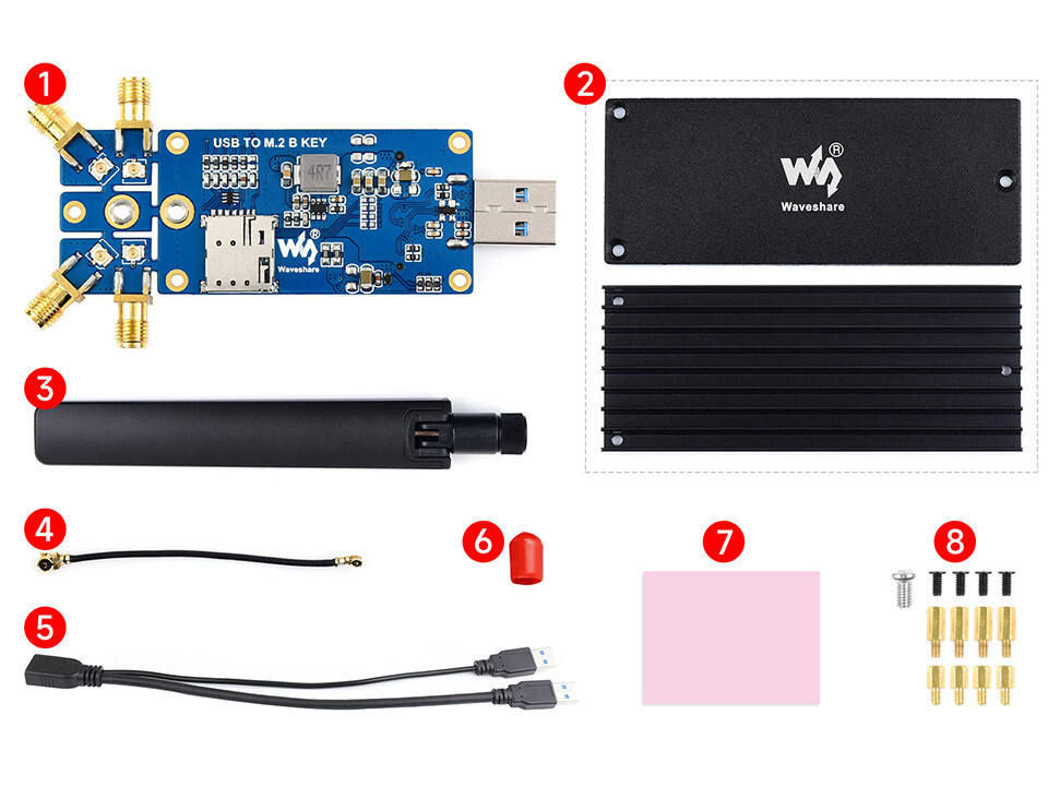 WaveShare 5G DONGLE Modul, fire antenner, USB3.1 aluminiumslegeringskøler, M.2 Key B interface