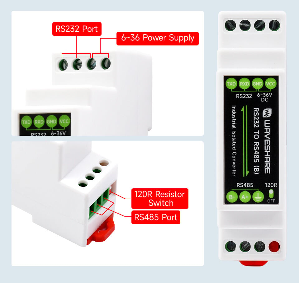 WaveShare RS232 To RS485 Konverter (B) Aktiv digital isolator, monteringsbeslag, lynsikker, anti-stød.