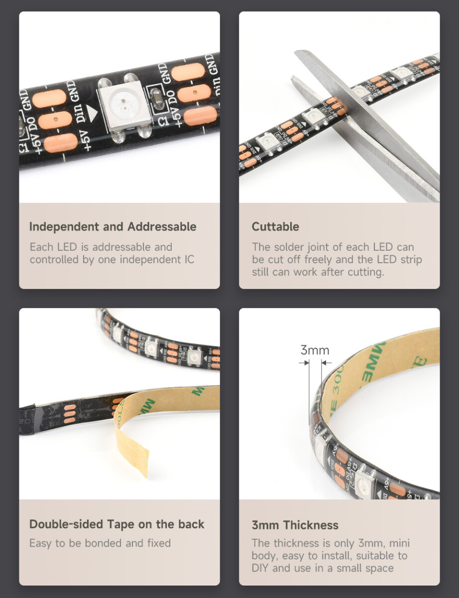 WaveShare WS2812 Digital RGB LED Strip Klipbar Programmerbar