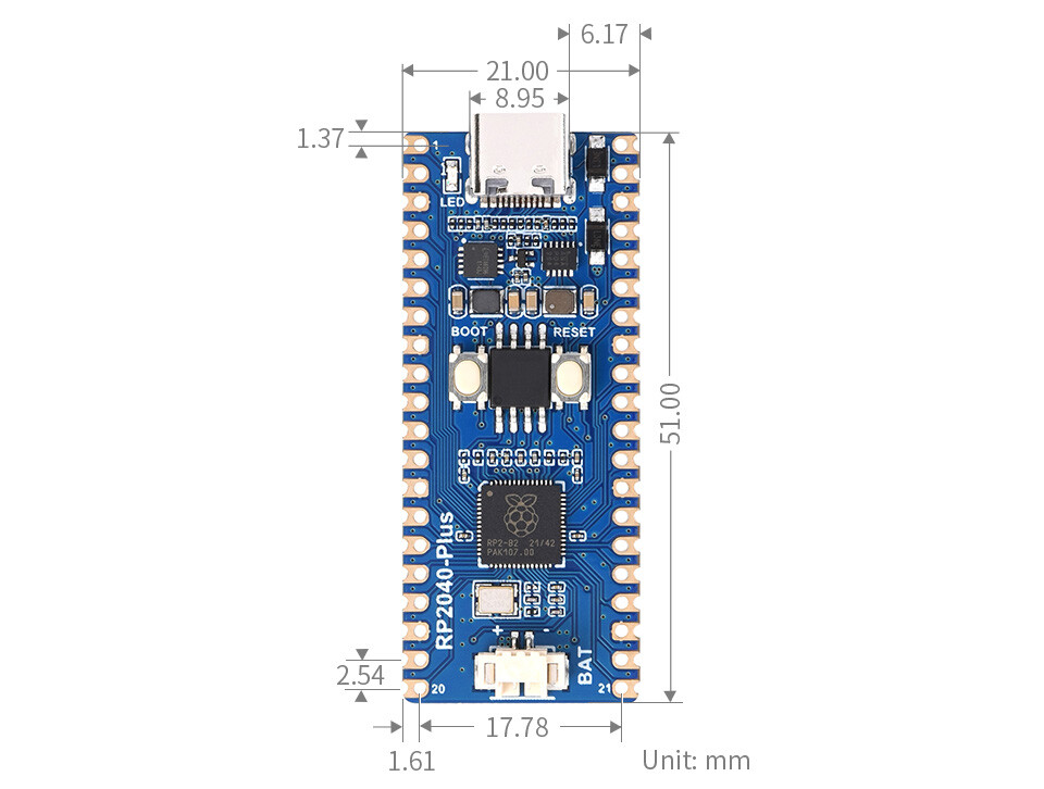 WaveShare RP2040-Plus 16MB med header, en Pico-lignende MCU-kort baseret på Raspberry Pi MCU RP2040 Plus ver.