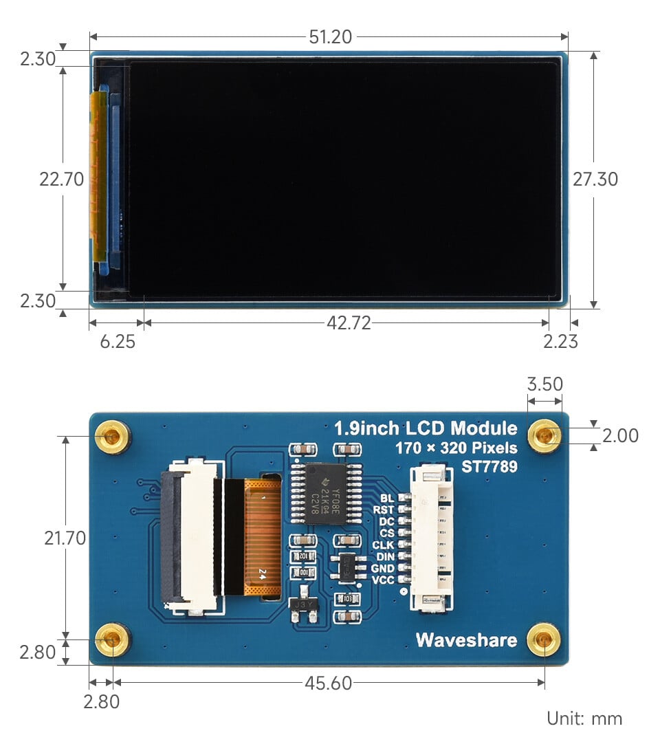 WaveShare 1,9 Zoll LCD-displaymodul 170×320 IPS 262K farver SPI-interface