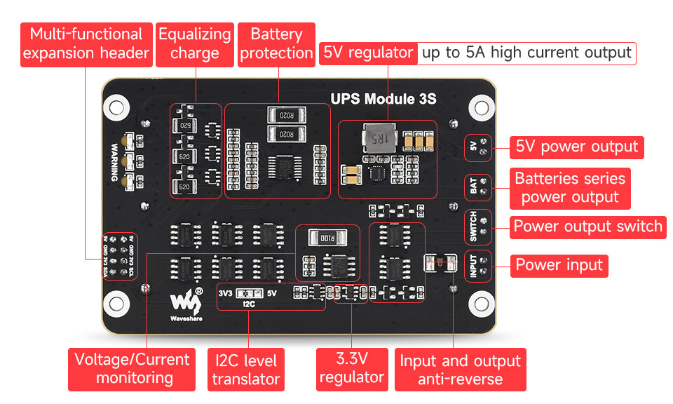 WaveShare UPS-modul, 5V 5A udgang med 3 x 18650 slot
