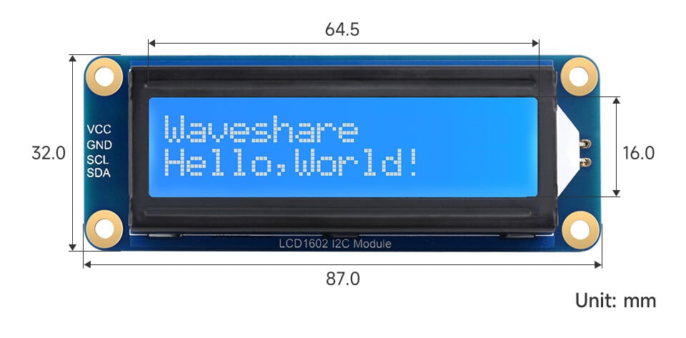 WaveShare LCD1602 I2C Modul 3.3V/5V 16x2 tegn Hvid på Blå