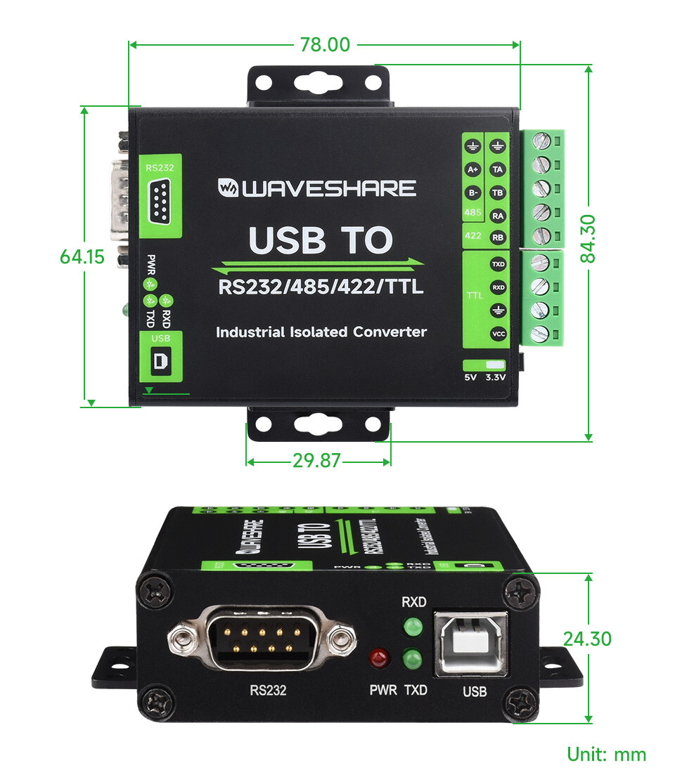 WaveShare FT232RNL USB TIL RS232/485/422/TTL Interface Konverter Industrielt Isolering