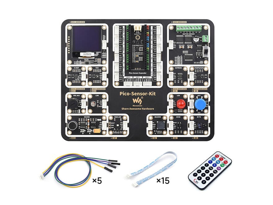 WaveShare Raspberry Pi Pico Starterkit med sensorer inklusive Pico Expansion Board og 15 moduler