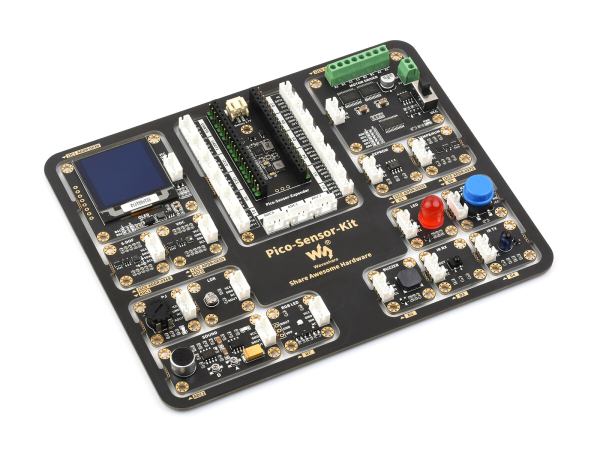 WaveShare Raspberry Pi Pico Starterkit med sensorer inklusive Pico Expansion Board og 15 moduler