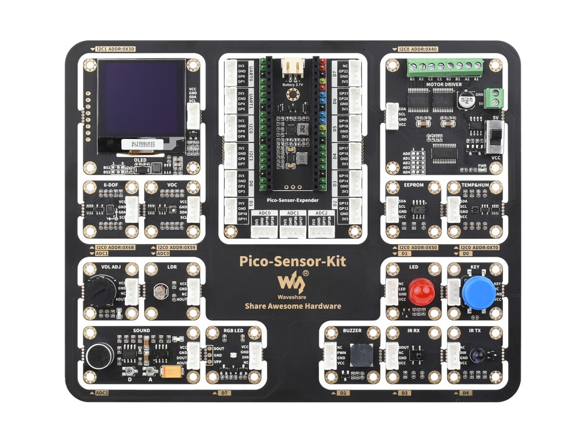 WaveShare Raspberry Pi Pico Starterkit med sensorer inklusive Pico Expansion Board og 15 moduler