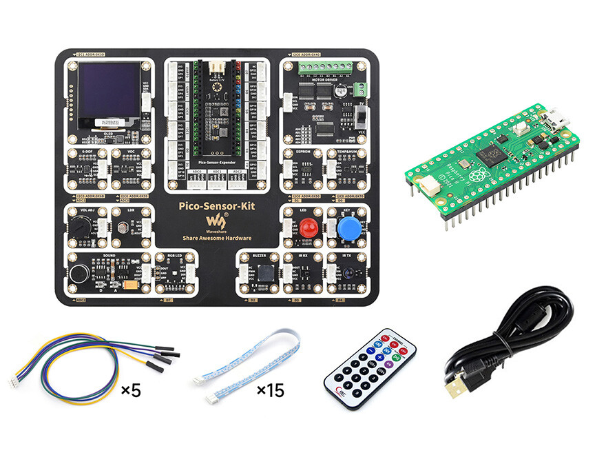 WaveShare Raspberry Pi Pico Starterkit med Pico H inklusive Pico Expansion Board og 15 moduler