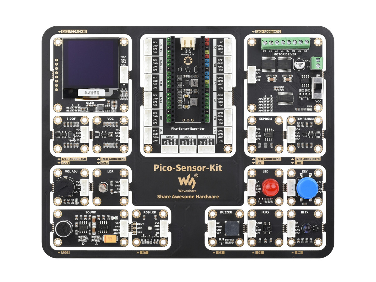 WaveShare Raspberry Pi Pico Starterkit med Pico H inklusive Pico Expansion Board og 15 moduler
